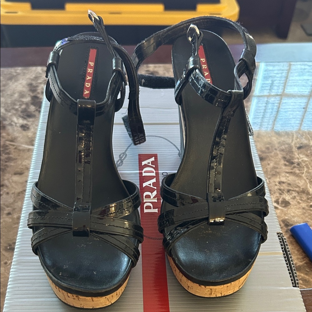 Prada Black Patent Leather Sandals